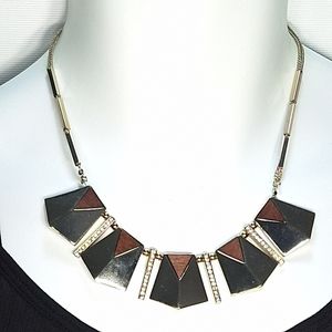 Silver Tone Wood Crystal Rhinestone Statement Bib Necklace